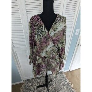Ashley Stewart Curvy Girl 2X Blouse Animal Print Chiffon SurpliceRuffle HiLo NEW